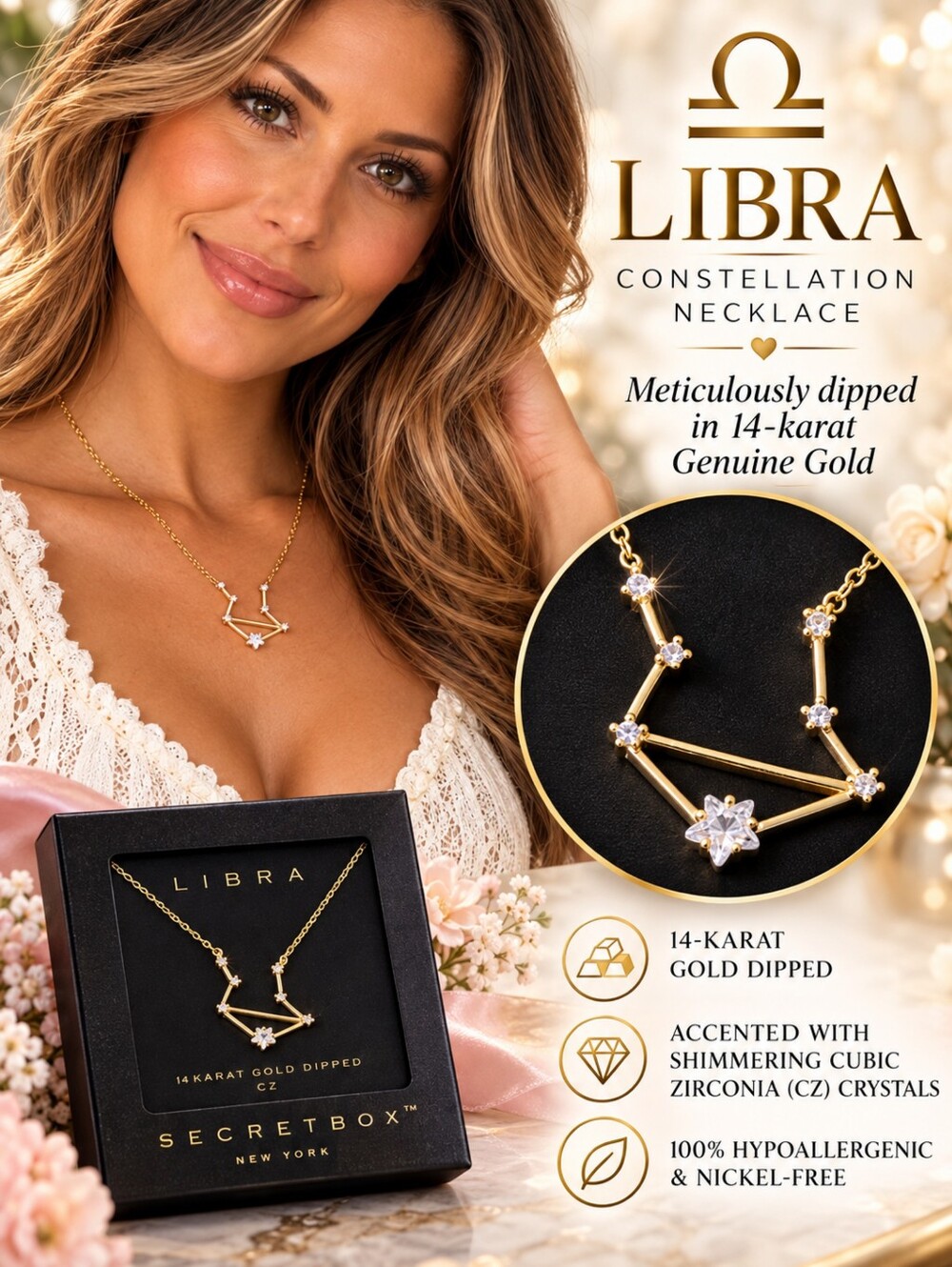 Secret Box New York 14K Gold Dipped Libra Constellation Cubic Zirconia Necklace